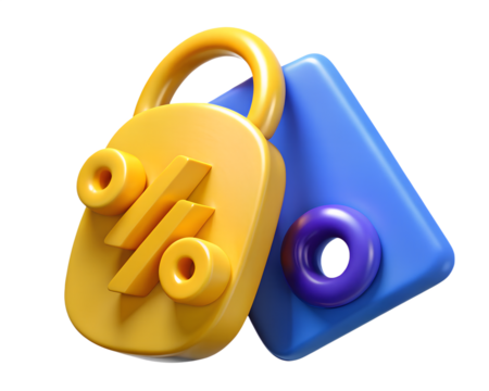 Yellow 3D discount price tag with blue percent sign and pink ring for promo icon png,transparency
