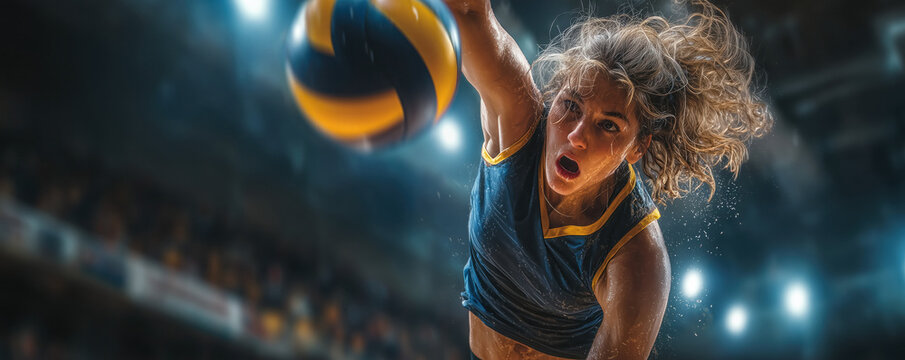 Female volleyball player leaps high, powerfully spiking the ball during an intense match in a vibrant indoor arena