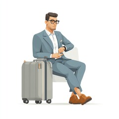 A man in a suit sitting on a chair with a suitcase checking his watch in a waiting room