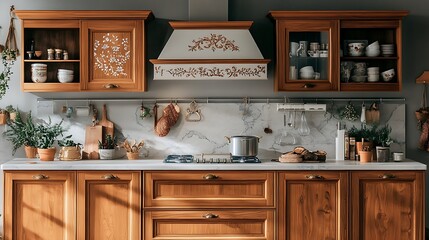 Elegant kitchen interior with wooden cabinetry, decorative accents, and natural light