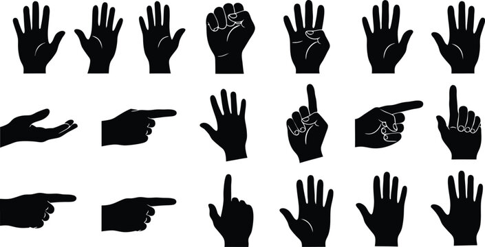 Collection of illustrated hand gestures and silhouette poses isolated on white background for design elements