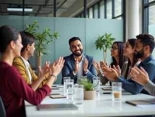 Diverse group of Indian colleagues clapping and smiling during business meeting in modern office celebrating teamwork and successful collaboration