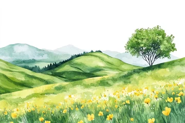 Fotobehang Spring meadow landscape tree illustration watercolor. © Rawpixel.com