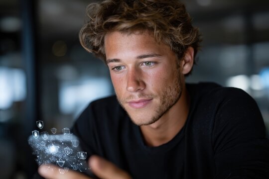 A young man examining his smartphone deeply with a focused demeanor, surrounded by digital security icons representing technology's impact on personal devices and privacy.