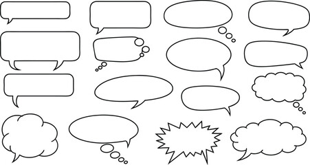 Collection of various blank comic speech bubbles and thought clouds in simple black outline style