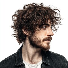 Portrait of a handsome man with curly hair and beard in a denim jacket on a white background studio shot