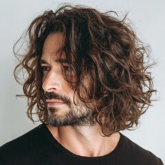 Man with long curly hair and beard looking to the side in a black shirt on a white background portrait