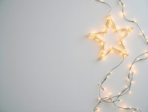 Christmas lights forming a bright star shape decoration on a pale gray background, perfect for holiday season greeting card or website banner Copy space for text