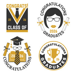 Set of Vector Class of 2026 badges. Vector illustration. Concept for shirt, print, seal, overlay or stamp, greeting, invitation card. Typography design. For class of 2026 graduation.