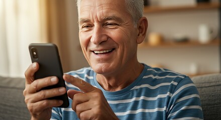Senior Man's Joyful Connection: Smartphone and a Smile