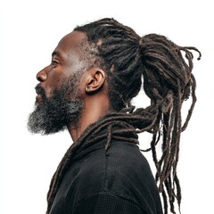Man with dreadlocks hairstyle in ponytail style black man with beard and black shirt on white background