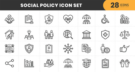  Social policy Web Icon Set in Line Style. Collection of Social services Linear Icons, Including, healthcare, family, education, protection, law, insurance, healthcare, reform and more.  
