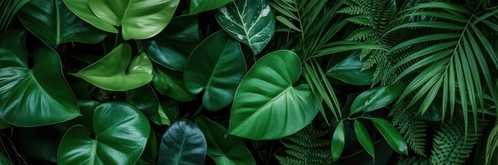 A lush, vibrant background featuring various dark green tropical leaves and foliage, creating a rich natural texture perfect for botanical themes.