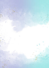 Abstract purple and light blue watercolor or alcohol ink art white background with golden crackers. Hand drawn illustration for card templates for greetings or invitations.

