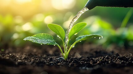 Nurturing new life--watering a young plant with care