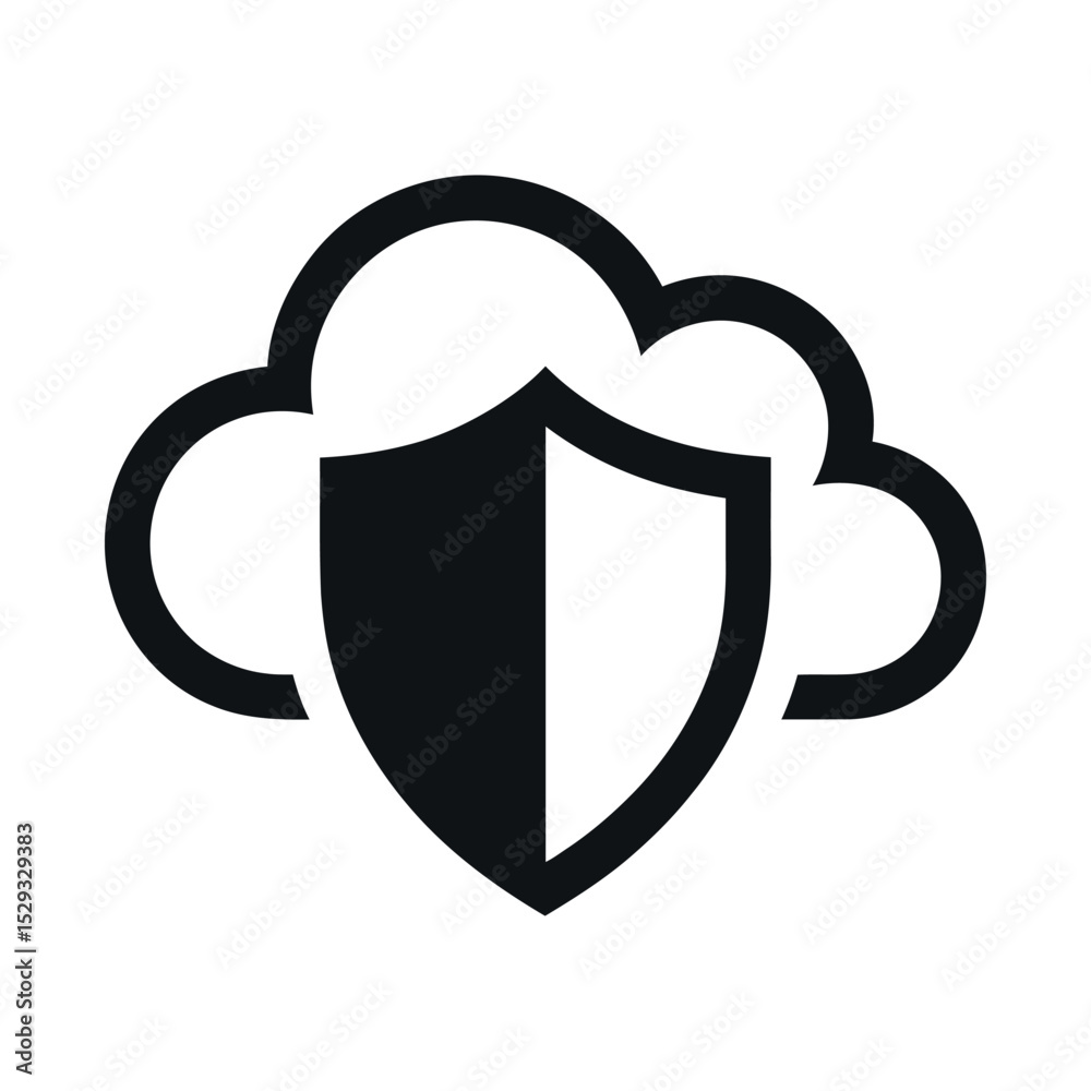 Poster cloud security icon with shield symbolizing data protection and cybersecurity in a simple and modern