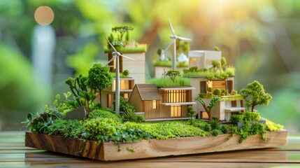 A detailed miniature model showcasing sustainable architecture seamlessly integrated into a meticulously crafted natural environment