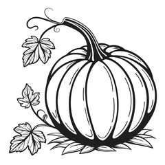 Bold outlined pumpkin with curled stem and leaves appears ready for coloring projects