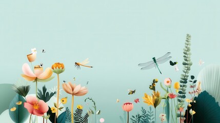 A serene and lush meadow teeming with a diverse array of blooming flowers buzzing bees and fluttering dragonflies creating a harmonious and tranquil natural landscape