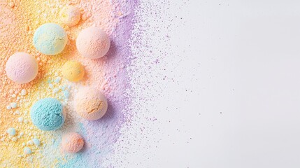 An arrangement of delightful pastel colored classic French pastry presented against a light minimalist background creating a visually appealing and tempting display