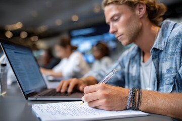 A dedicated student is focused on writing notes in a dynamic study space, capturing the essence of learning and collaboration among peers.