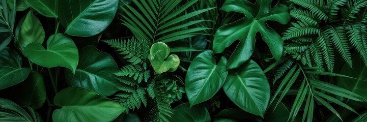 Fototapeta premium A lush, vibrant background featuring various dark green tropical leaves and foliage, creating a rich natural texture perfect for botanical themes.