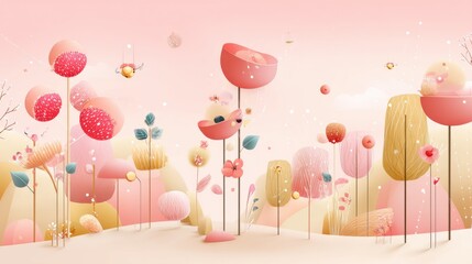 A whimsical dreamlike scene of abstract floral shapes and vibrant colors creating a serene and enchanting garden inspired landscape