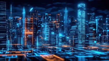 This dynamic high tech nightscape depicts a modern digitally powered metropolis with vibrant glowing skyscrapers and a grid like layout of infrastructural elements