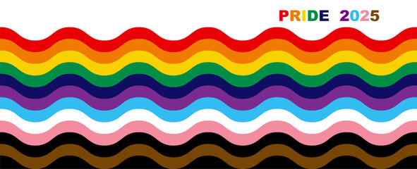 Pride 2025 Rainbow Flag LGBTQIA+ Wavy Banner. Equality, Inclusivity. Gay Pride template with LGBT Flag sign. Pride Month. Colorful design element frame border vector background