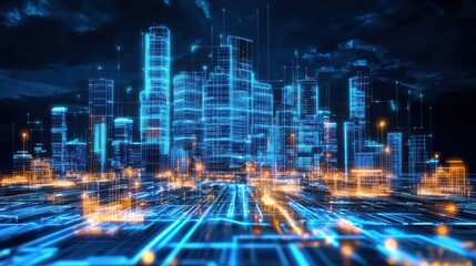 A dynamic high tech cityscape with towering skyscrapers and illuminated transportation networks representing the potential of future urban development and innovation