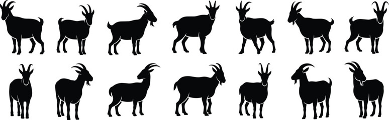 A versatile vector silhouette collection of diverse farm and wild animals including horses, dogs, deer, cows, cats, goats, sheep, elephants, giraffes, and pigs