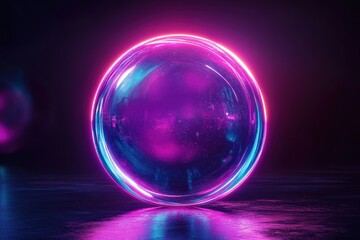 Glowing sphere with pink and blue neon lights, resting on a wet surface. It's great for technology, futuristic, and abstract background designs.