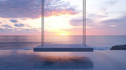 Ocean Swing at Sunset“ A tranquil concrete swing overlooking the ocean at sunset, evoking relaxation
