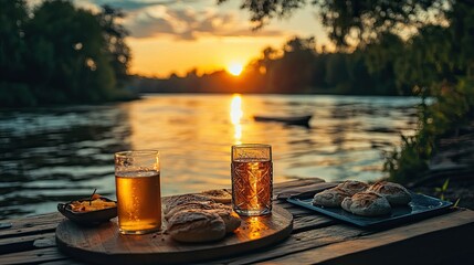 Picturesque riverfront sunset with a rustic meal of bread and drink