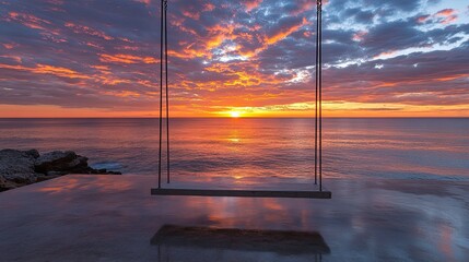 Ocean Swing at Sunset“ A tranquil concrete swing overlooking the ocean at sunset, evoking relaxation