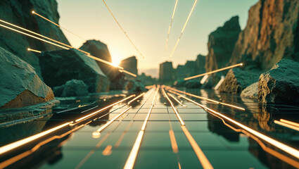 Abstract futuristic landscape with glowing lines reflecting on a water surface at sunset