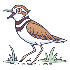 Cartoon killdeer with brown wings is calling out while standing on grass