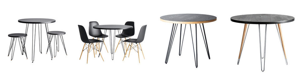 Modern furniture design featuring tables and chairs  long title A collection of contemporary minimalist furniture designs including round tables and