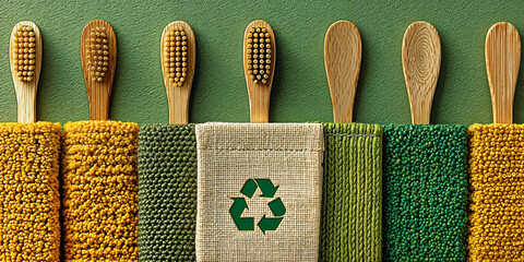 Bamboo Toothbrushes with Recycled Cloths on Green Background