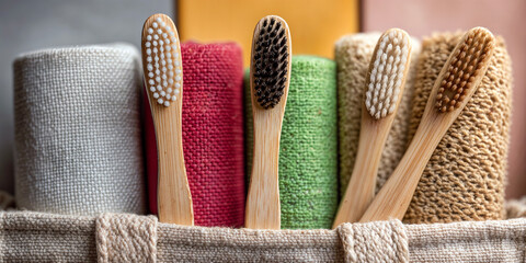 Colorful Rolled Towels and Bamboo Toothbrushes in a Natural Basket