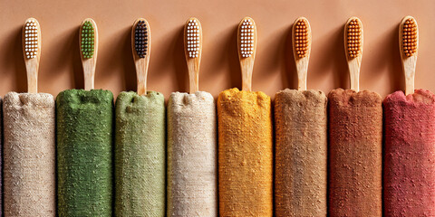 Colorful Bamboo Toothbrushes and Fabric Rolls in a Line