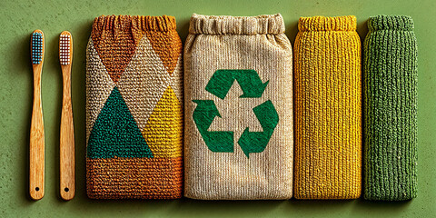 Eco Pouches and Bamboo Toothbrushes in a Row on Green Background