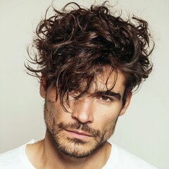 Man with curly hair style trends handsome male model portrait attractive guy beauty hair care product guide