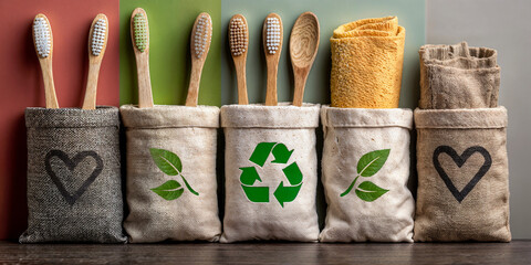 Eco Toothbrush Collection in Linen Pouches with Recycling Symbol