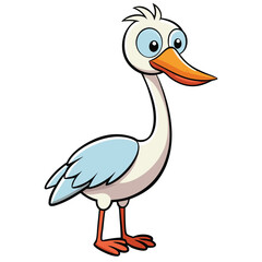 Cartoon stork illustration presents a whimsical bird with light blue accents against a white background