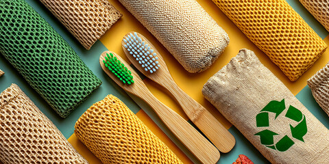 Sustainable Bathroom Set with Bamboo Toothbrushes and Mesh Cloths