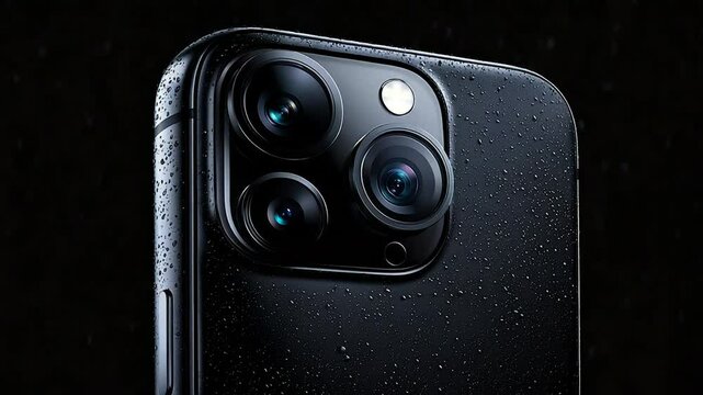 Smart Phone with Camera, Close-up view of a black Smart Phone camera system, showcasing its advanced triple-lens setup with water droplets.