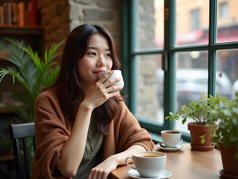 Morning Coffee in a Cafe Asian traveler sitting