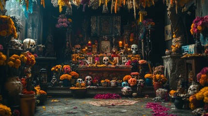 A vibrant altar filled with flowers, skulls, and candles. This scene captures the essence of a traditional celebration. A tribute to life and death. Generative AI.
