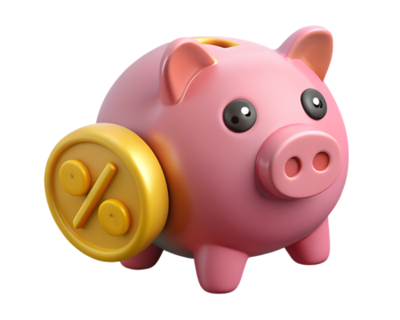 3D pink piggy bank with yellow percentage coin symbolizing savings, cashback, and financial discounts